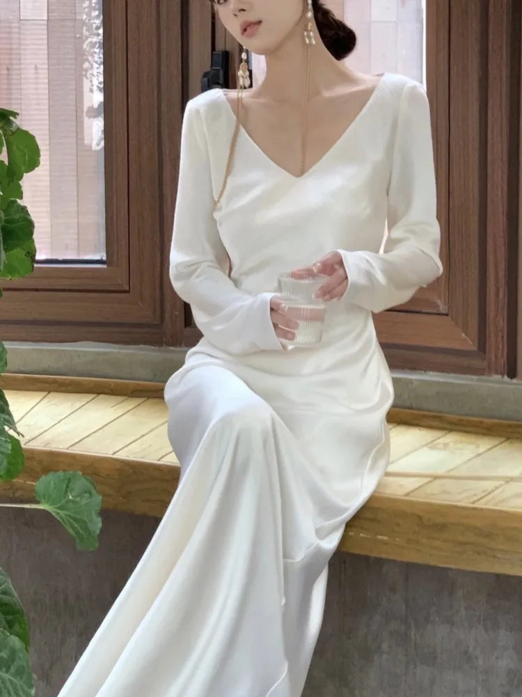 Elegant Satin Mermaid Long Dresses for Women Wedding Evening Party Dress Prom Robe Solid V-neck Long Sleeves One Piece Vestido