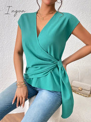 Ingvn - Tied Surplice Neck Short Sleeve Blouse