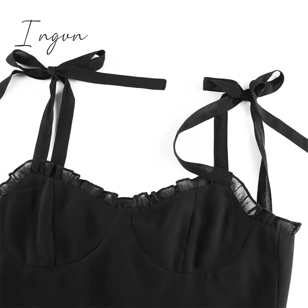 Ingvn - Sweetown Dark Academia Gothic Dresses Women Chiffon Ruffles Black E Girl Clothes Sleeveless V Neck Lace Up Mini Dress Summer