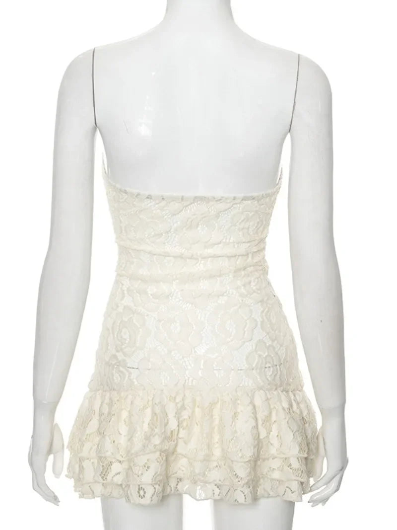 Ingvn  Sexy Women's Yellow Lace Dress Fashion Strapless Hollow Out See-through Backless Bodycon Ruffles Mini Dresses Party Streetwear