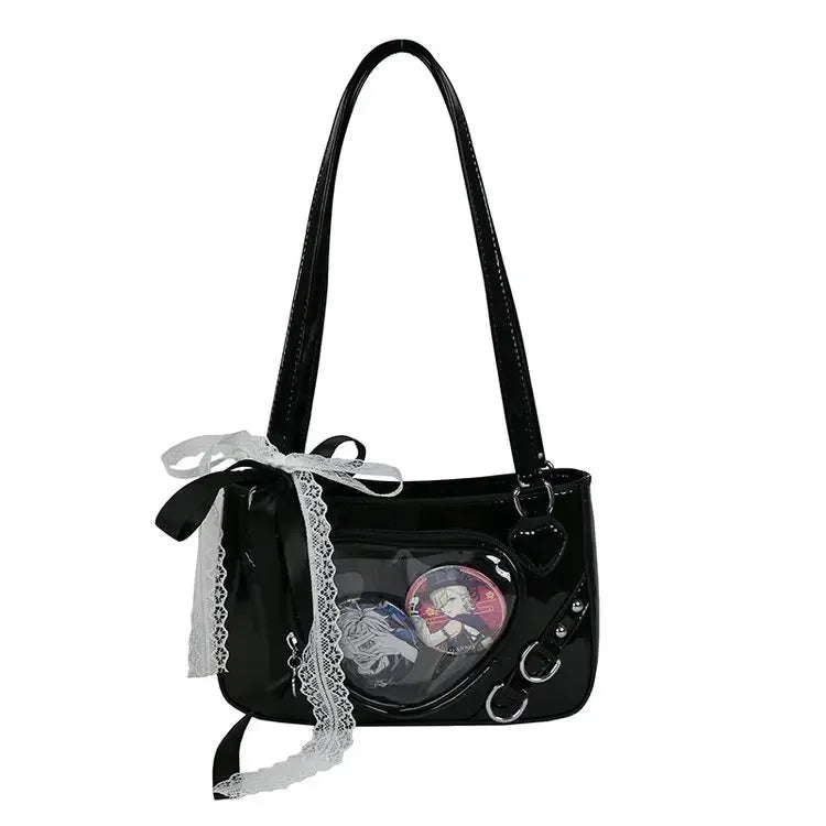 Ingvn  Lace Handbags for Women Lolita Jk Transparent Y2k Fashion Shoulder Bag Square Japanese Style Casual Leather Ladies Love Bag