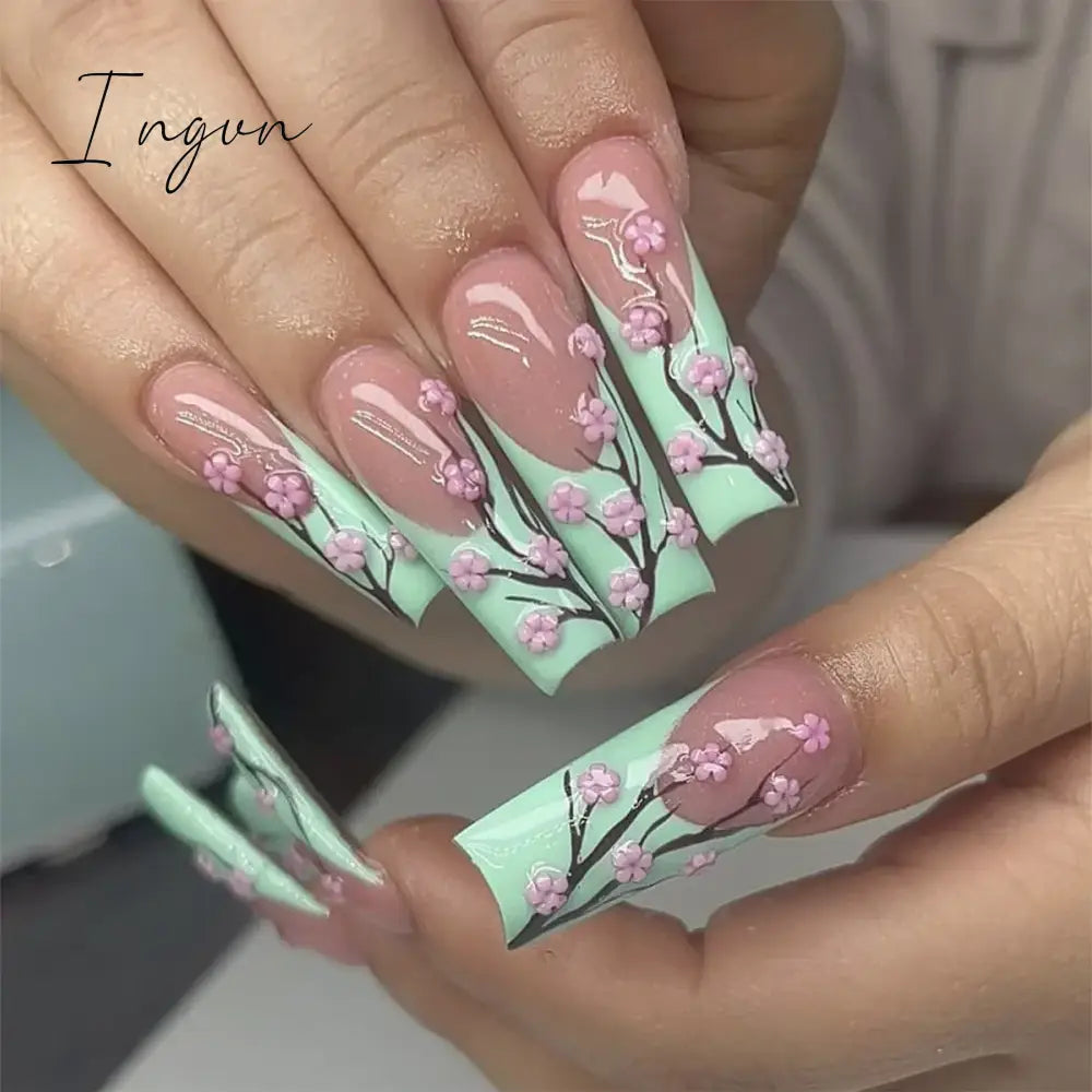 24pcs Artifical Bails With Glue Fake Nail Tips With Design Detachable Press On Nails Long Fake Nail Finished Nail Piece Sticker