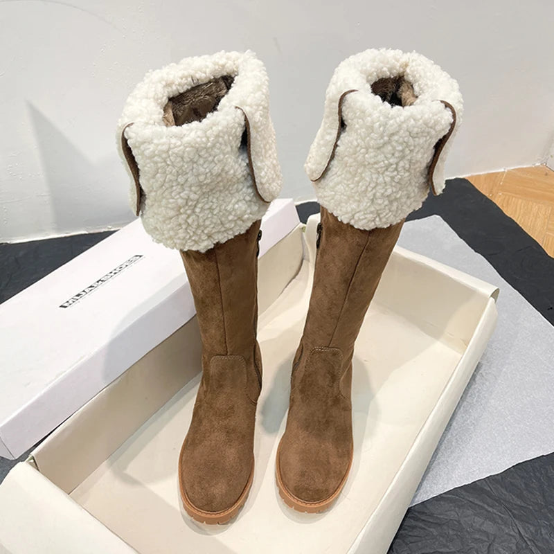 Ingvn  Winter Warm Cotton Women Over The Knee High Boots Slip On Ladies Concise Square Low Heel Long Botas De Mujer