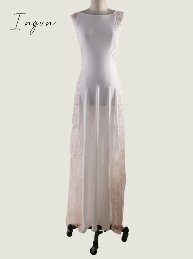 Ingvn - Floor Length Long Dresses For Women Party Wedding Evening Clothes Sleeveless Vintage Vestido Feminino Lace White Dress Elegant