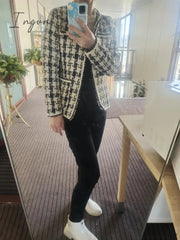 Ingvn - Spring Korean small fragrance jacket women's short winter and autumn French ladies all-match houndstooth woven tweed coat jackets