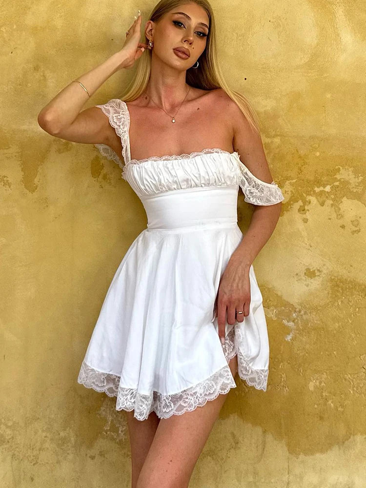 Lace Up Ruffle Backless Sexy Dresses Women Robes Elegant Evening Party Dress Mini Summer Dress