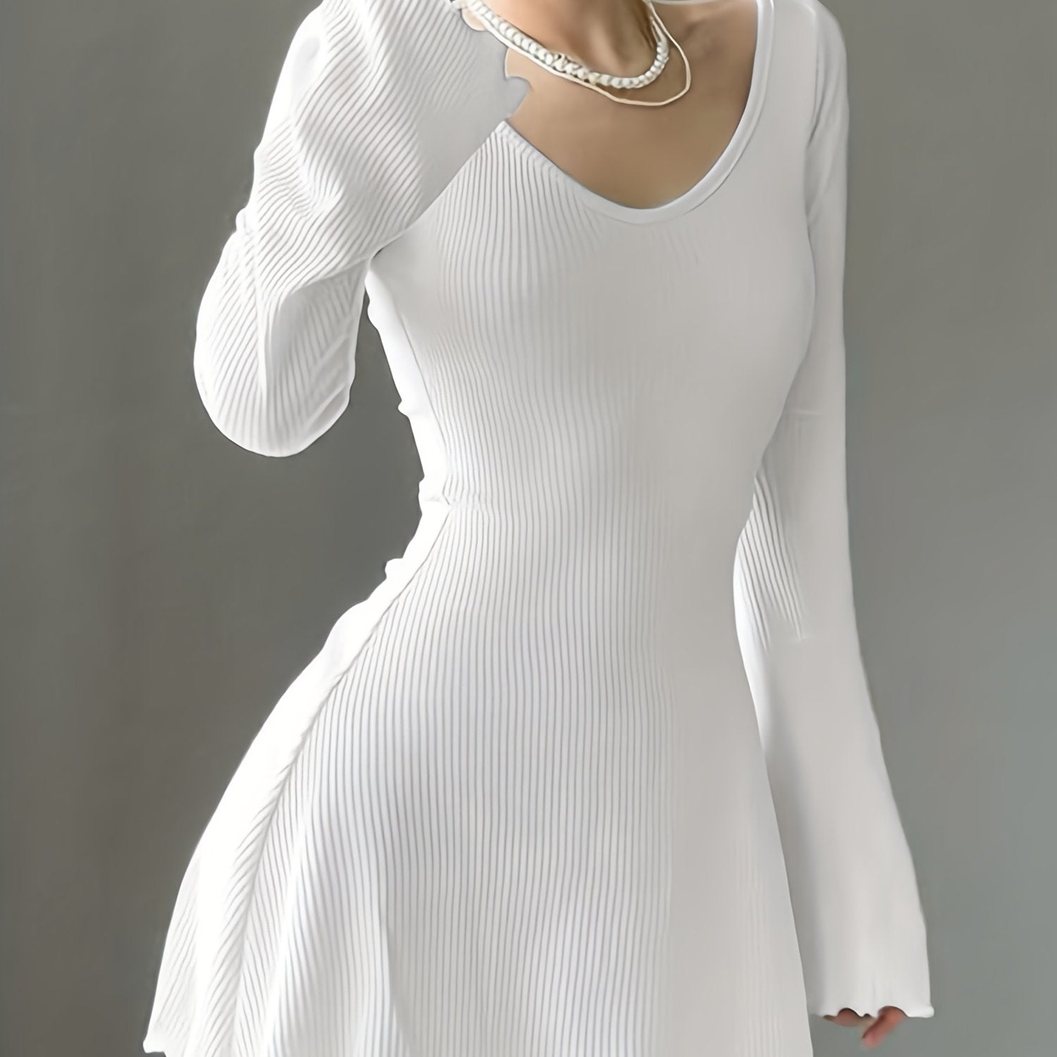 Stylish Solid Lettuce Trim Crew Neck Long Sleeve Dress - Elegant Women's Clothing for Everyday Wear - Comfortable, Relaxed Fit, Versatile, and Chic