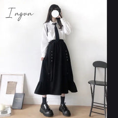 Ingvn - Spring/Autumn Women Skirts High Waist Student Korean Style Dark Vintage Ruffle Long A-line Skirts Women Fashion