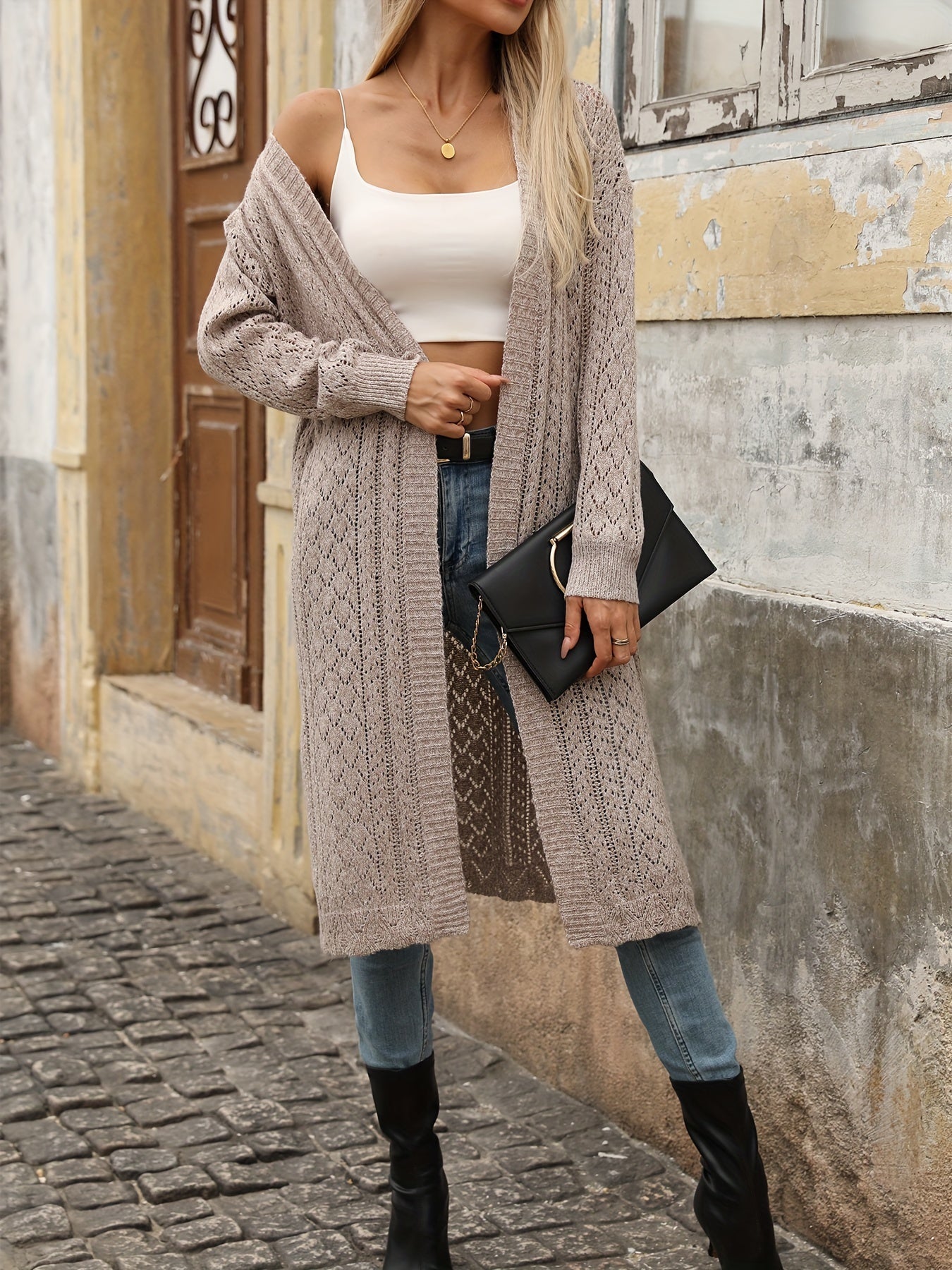 Cozy Open Front Cardigan - Soft, Solid, Hollow, Long Sleeve, Split Design for Easy Wear - Perfect for Spring and Fall, Women's Casual Clothing