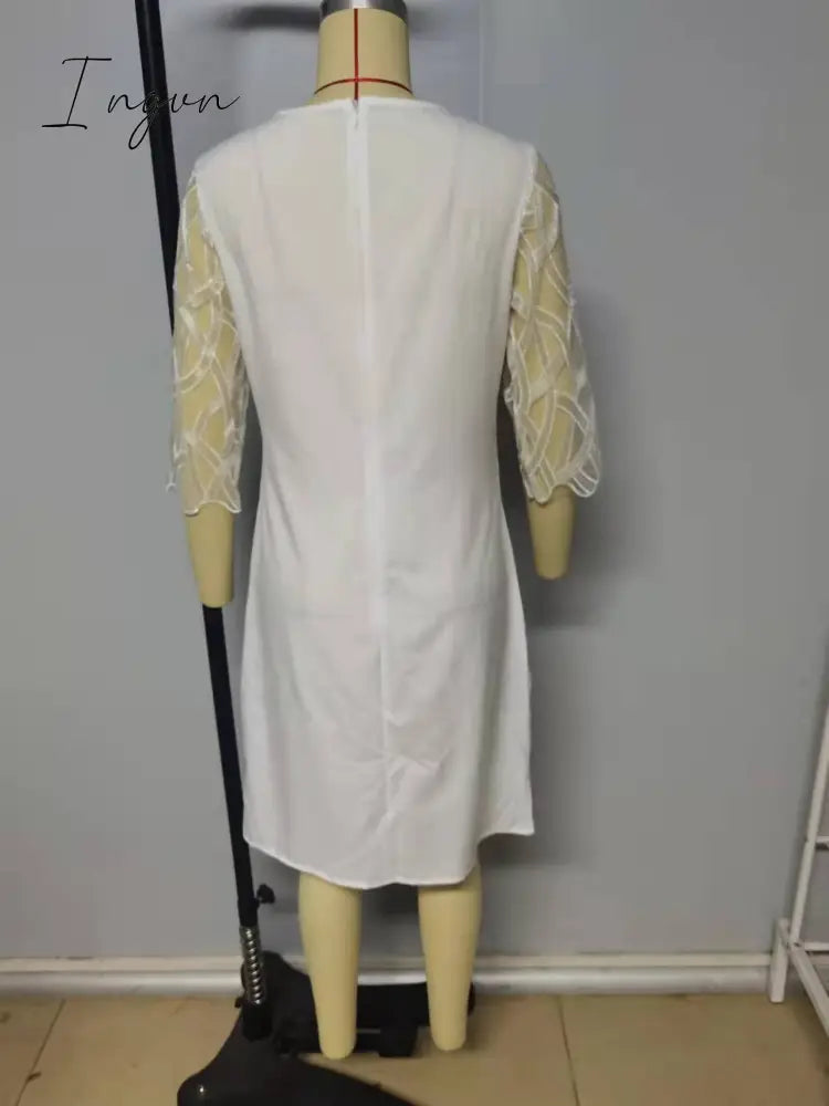 Ingvn - Fashion Trends Embroidered Dress Half Sleeve Casual Dress Sexy See-through Patchwork Lace Party Dress Women Fashion O Neck Loose Pullover Dress
