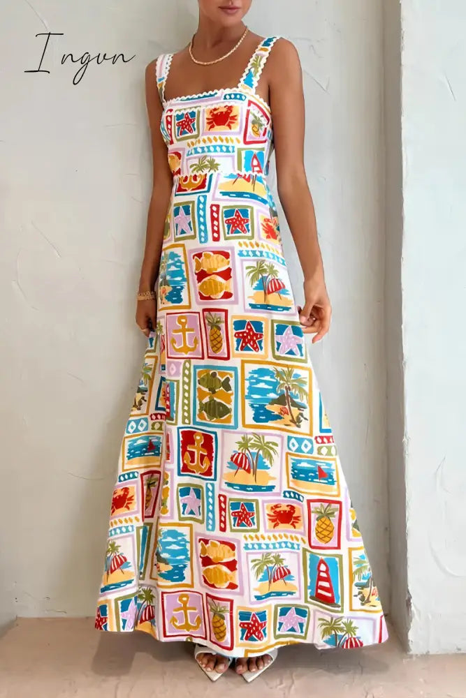 Ingvn - Sexy Vacation Print Contrast Square Collar Printed Dress Dresses