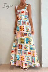 Ingvn - Sexy Vacation Print Contrast Square Collar Printed Dress Dresses