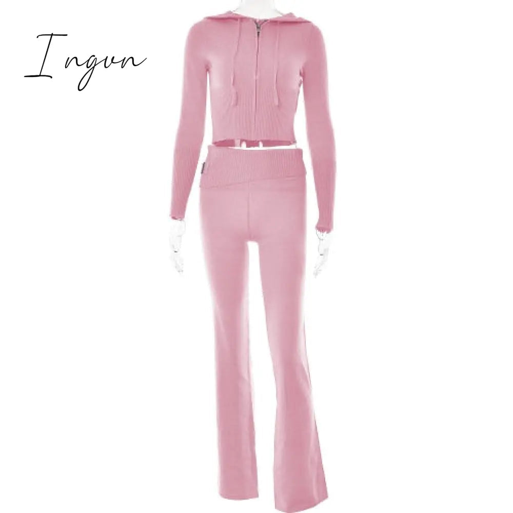 Ingvn - Spring New Hoodie Cropped Top And Pants Sets High Waist Flare Pants Suits Pink Knitted Womens Y2k Two Piece Set
