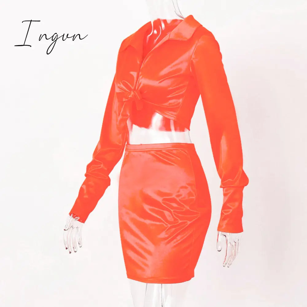 Ingvn - Women Silky Satin 2 Two Piece Set Lace Up Long Sleeve Crop Top Skirt Autumn Winter Clothes Fashion Sexy Outfits