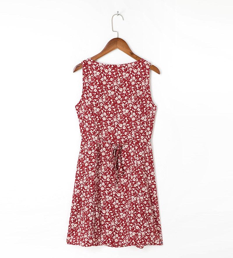 Summer Clothes For Women Elegant Vintage Floral Dress V Neck Sleeveless Button Back Waist Tie Mini Dress Vacation Beach Dress