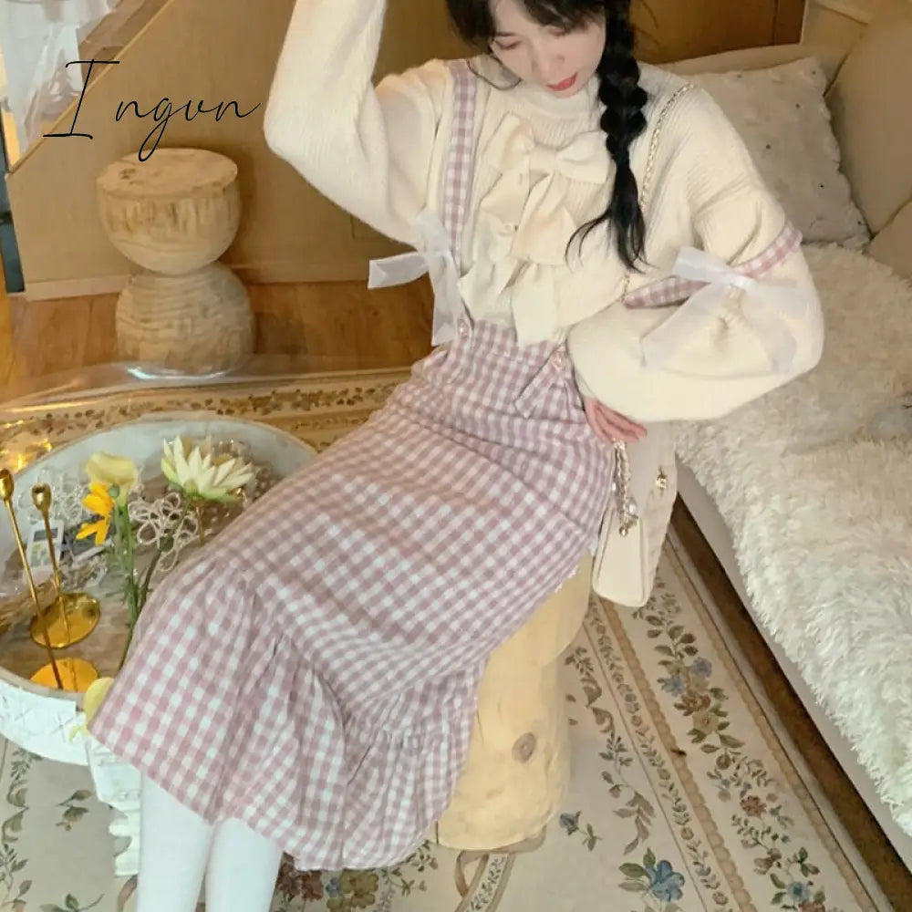 Ingvn - Spring Japanese Kawaii Plaid Strap Skirts Women Sweet Bow Designer Party Midi Skirt Female Casual Korean Fashion Cute Skirt