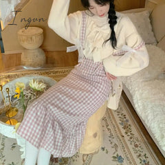 Ingvn - Spring Japanese Kawaii Plaid Strap Skirts Women Sweet Bow Designer Party Midi Skirt Female Casual Korean Fashion Cute Skirt