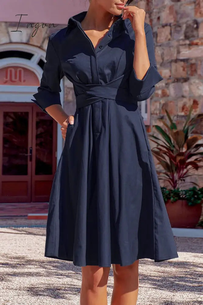 Ingvn - Elegant Solid Bandage Pocket Buttons Turndown Collar Shirt Dress Dresses