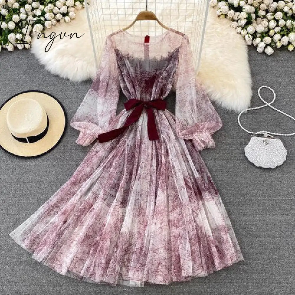 Ingvn - Sexy Mesh Printed Dress Women Spring Autumn Round Neck Puff Long Sleeve Ink Pattern A-Line Big Swing Vestidos Female New