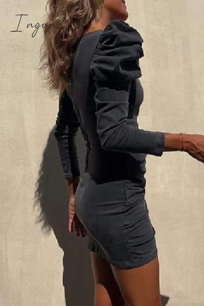 Ingvn - Sexy Simplicity Solid Fold Asymmetrical V Neck Long Sleeve Regular Denim Dresses