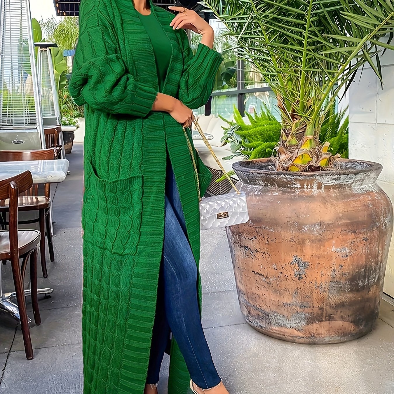 Elegant Long Sleeve Halter Neck Cardigan – Winter-Warm Knit Sweater with Pockets for Women, Durable & Easy Care