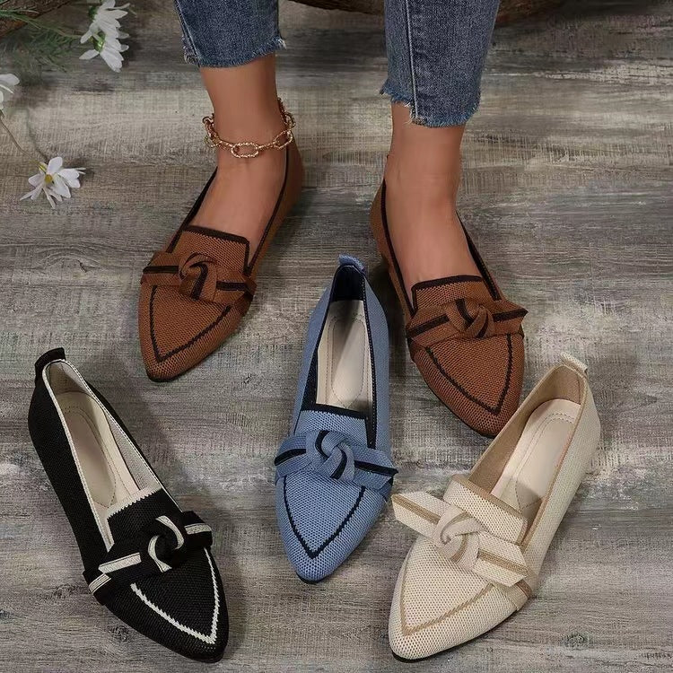 Slimming pointed toe plus size flat single-layer shoes for women fashionable flying woven slip-on bow casual breathable color matching single