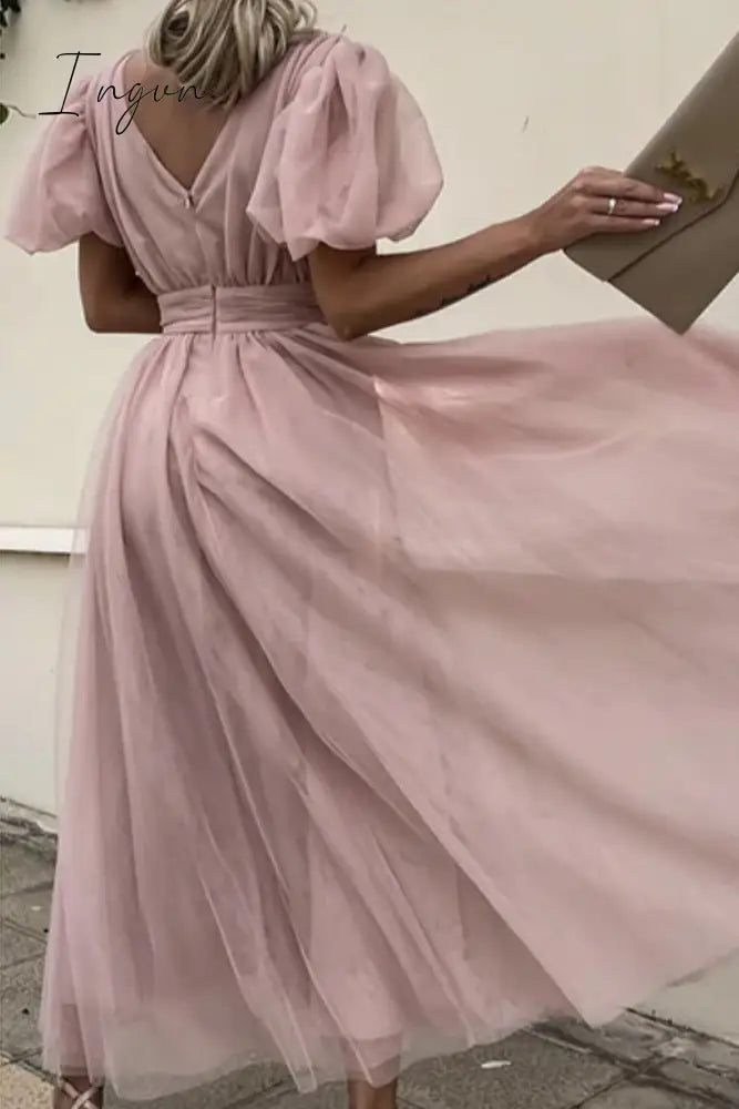 Ingvn- Elegant Solid Lace Mesh V Neck Evening Dress Dresses