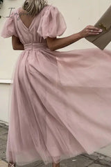 Ingvn- Elegant Solid Lace Mesh V Neck Evening Dress Dresses