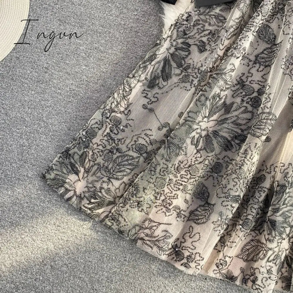Ingvn - Elegant Mesh Knitted Stitching Dress Women Vintage Puff Sleeve Round Neck A Line Party Dresses Ladies Bandage Printing Dress