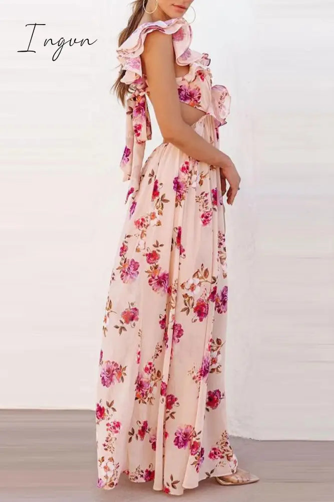 Ingvn - Sexy Floral Backless Flounce V Neck Printed Dress Dresses