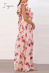 Ingvn - Sexy Floral Backless Flounce V Neck Printed Dress Dresses