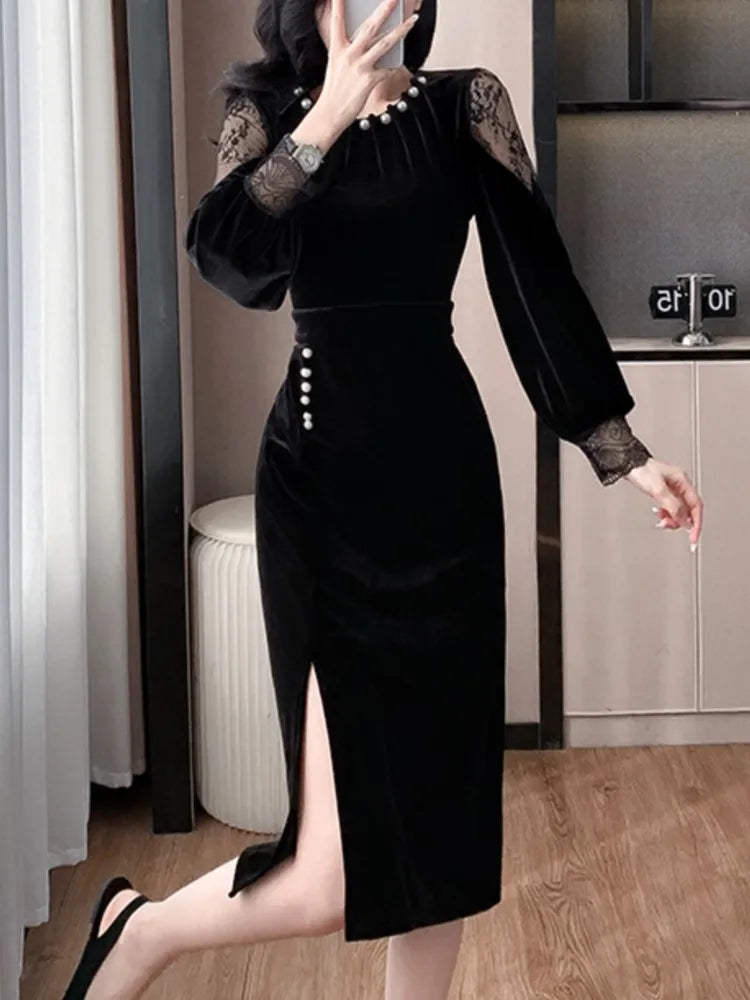 Autumn Elegant Solid Velvet Dress for Women Embroidered Flares O-Neck Long Sleeve Evening Party Dresses Female Vestidos Mujer