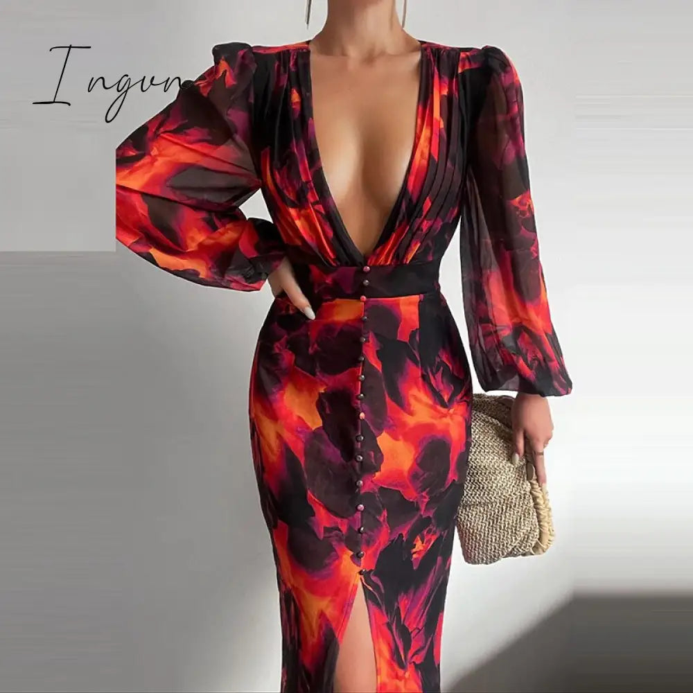 Ingvn - Women Sexy Button V-Neck Slit Party Dress Lady Elegant Print Slim Maxi Dress Spring Summer Casual Long Sleeve High Waist Vestido