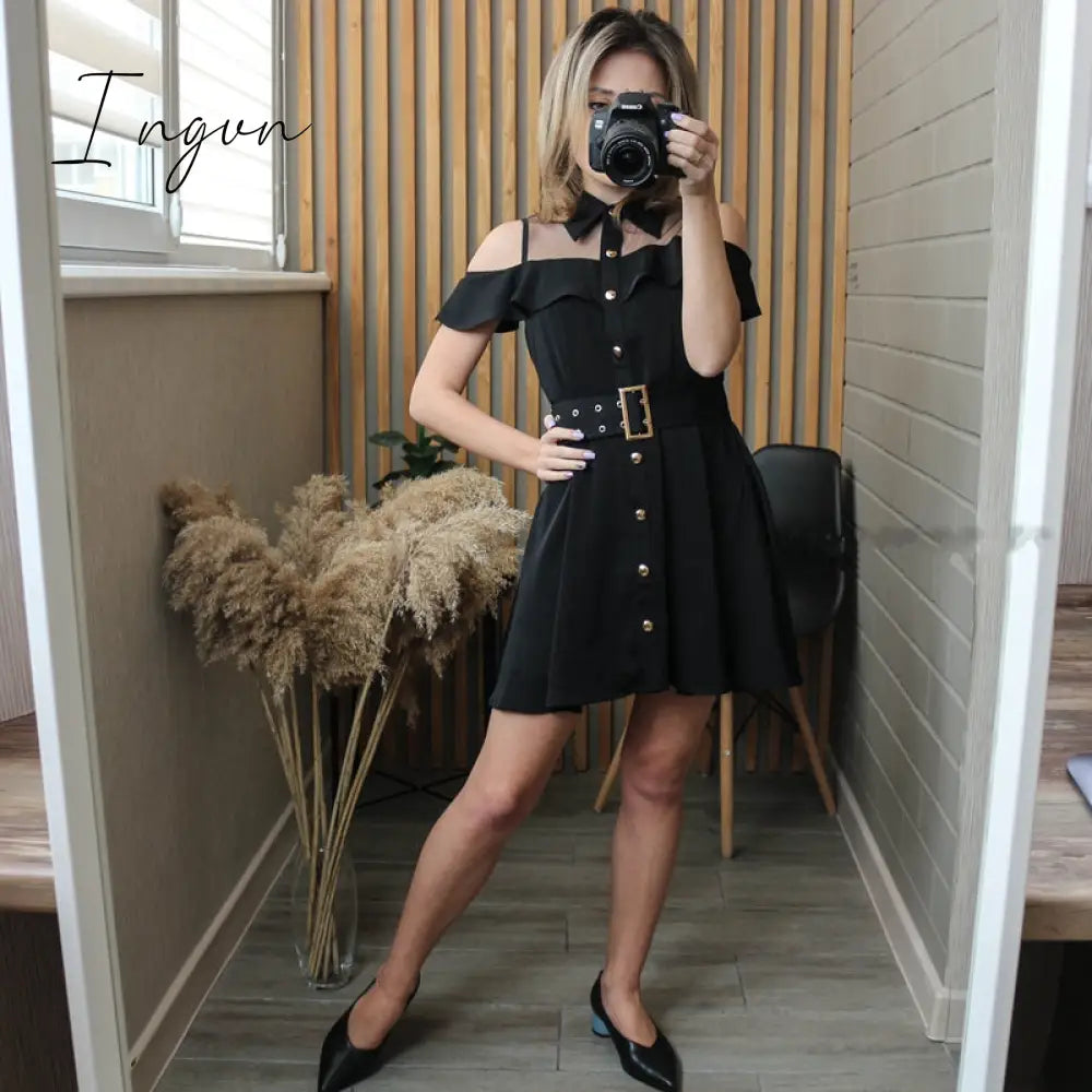 Ingvn - Korean OL New Single Breasted Women Summer Dress Sweet Chic Black office work Short mini Dresses With Belt Vestidos jurken