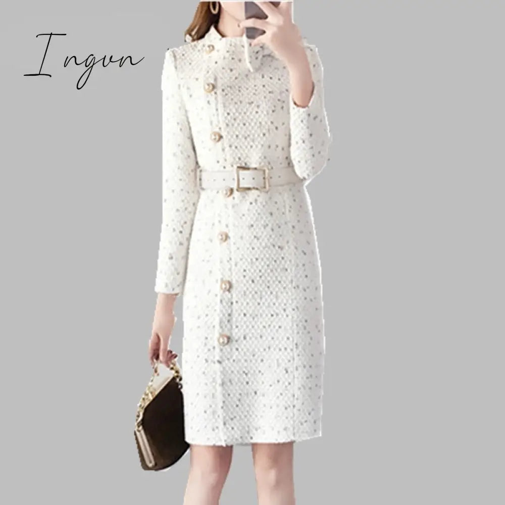 Ingvn - New Arrival Autumn And Winter Runway Women Elegant Tweed Dress Bow Collar Long Sleeve Female Fashion Chic Vestidos