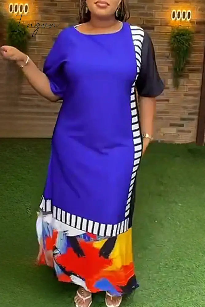 Ingvn - Blue Casual Striped Color Block Patchwork O Neck Long Dress Plus Size Dresses