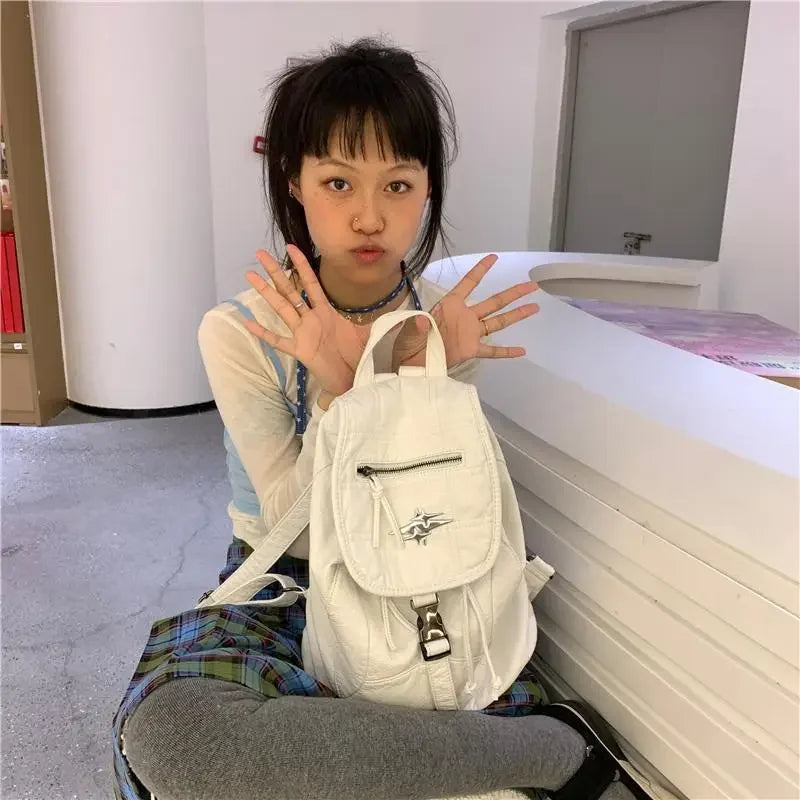 Ingvn  White Y2k Womens Backpack Vintage Pu Leather Casual Large Capacity Aesthetic Backpacks Fashion Female Luxury Designer Bags