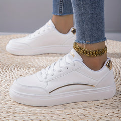 Plus Size Women's White Comfort Low-top Lightweight Flat Soft Sole Lace Up Casual Solid Color Sneakers