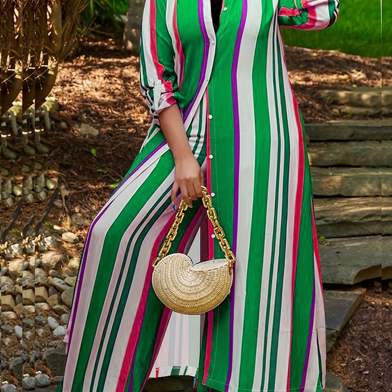 Plus Size Casual Outfits Set, Women's Plus Colorblock Stripe Print Button Up Long Sleeve Turn Down Collar Blouse & Wide Leg Pants Outfits 2 Piece Set