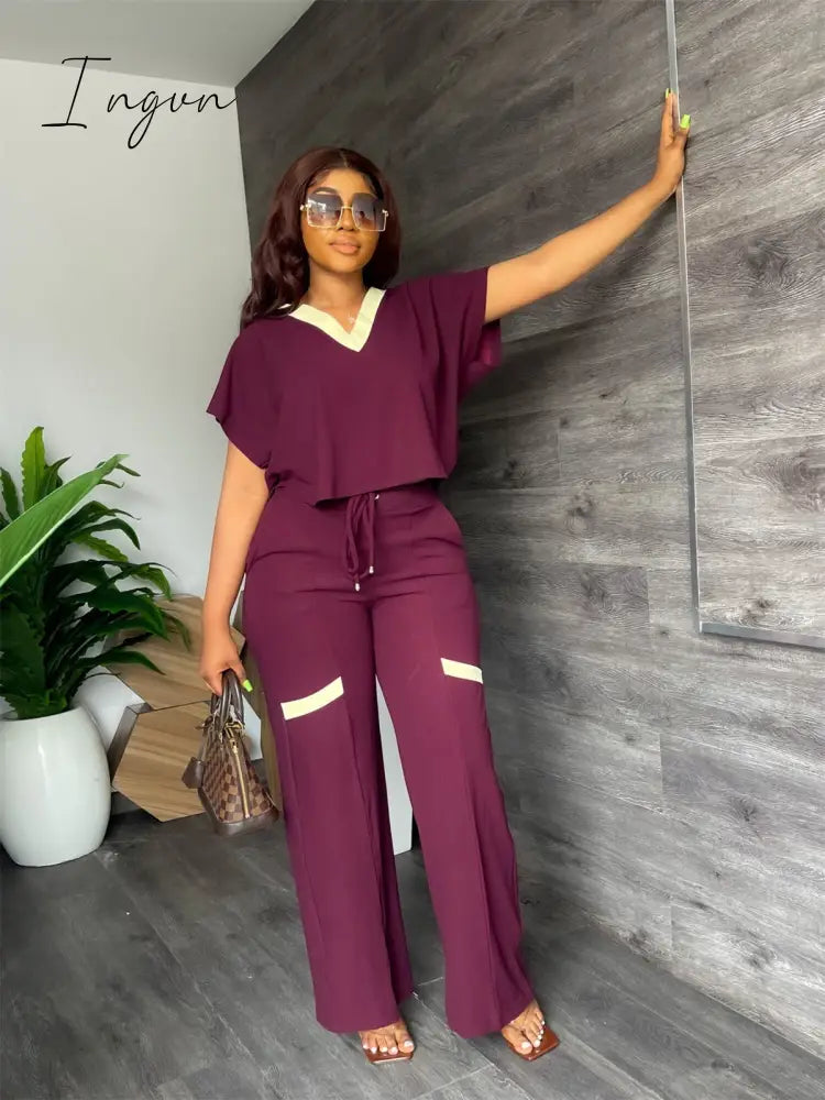 Ingvn - Summer Fashion Casual Two Piece Set Women V Neck Short-sleeved T-shirt Elastic Straight Pants Two Piece Suit Women