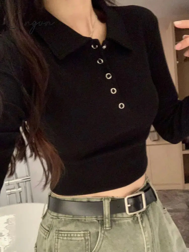 Ingvn - Winter Vintage Short T-shirt Women Elegant Solid Long Sleeve Slim Y2K Tops Female Casual Korean Fashion Warm Polo Shirts
