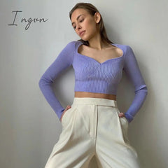 Ingvn - Fashion Trends European and American Fashion Autumn New Women's Solid Color Long-sleeved Slim Top Feminine Peach Heart V-neck Woolen Sweater