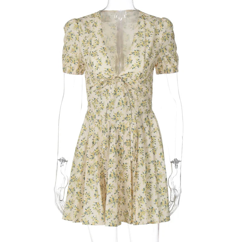 Deep V Neck Print Sexy Mini Dress For Women Fashion Lace-up Short Sleeve A-line Pleated Dress Elegant New Clothes
