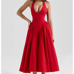 Red Elegant Slim Evening Party Dresses For Women Sexy Backless Low Waist  A-line Midi Long Halter Dress Cotton Robe