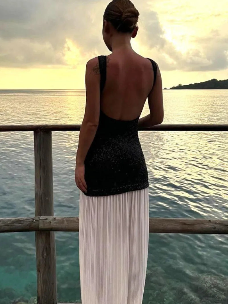 Ingvn  Autumn New in Backless Sequins Patchwork Long Party Dress Women's Sexy O-neck Sleeveless Bodycon Tank Dresses Streetwear