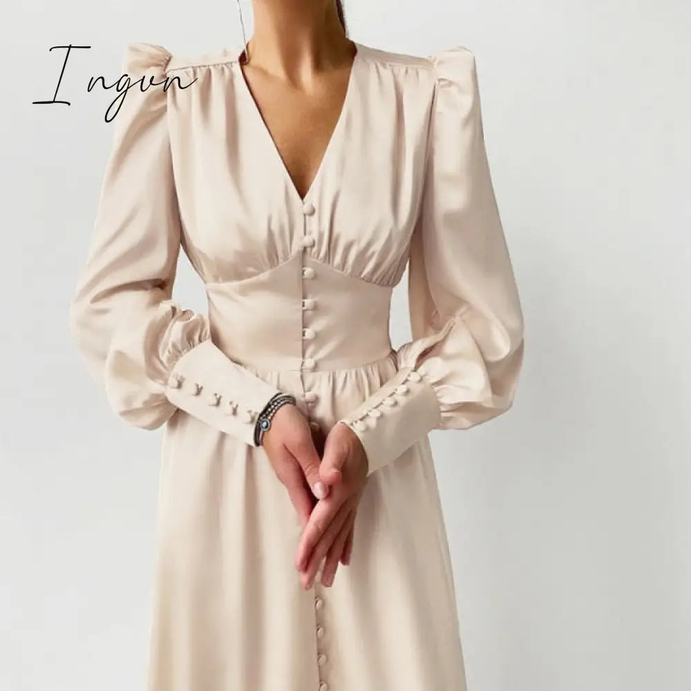 Ingvn - Satin Prom Women's Long Dress For Party Lantern Sleeve A-Line High Waist Slim Elegant Dresses Clothes New Year Ball Evening