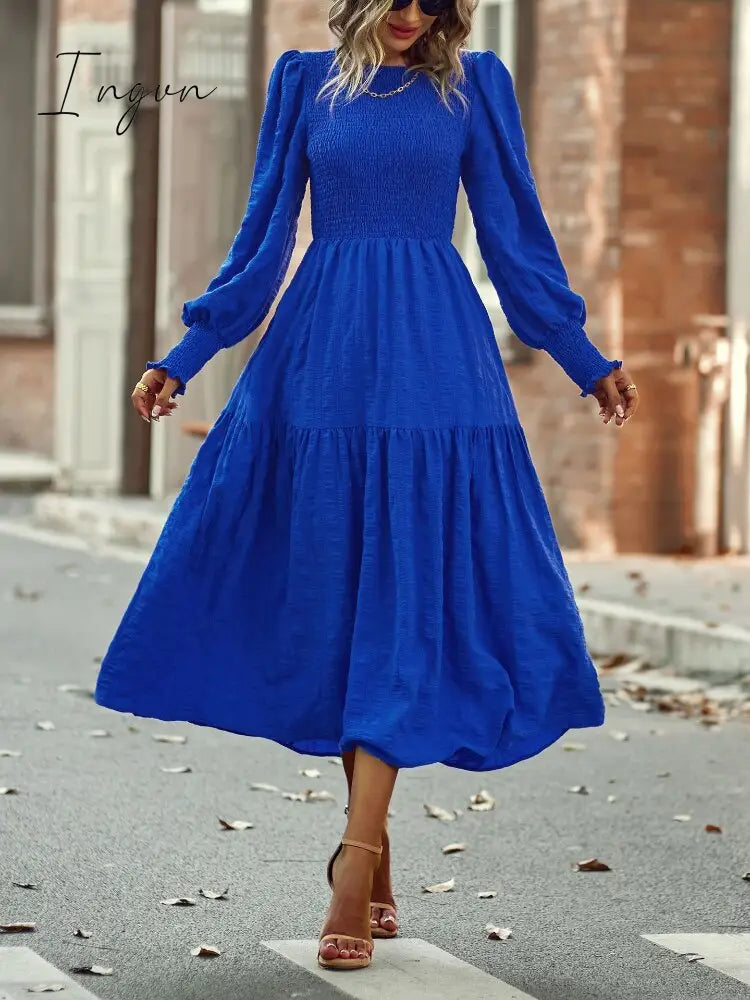 Ingvn - 2023 Spring Casual O Neck Lantern Sleeve Dress Women Loose Elegant Solid A-line Dress Lady Simple High Waist Klein Blue Dress