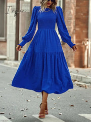 Ingvn - 2023 Spring Casual O Neck Lantern Sleeve Dress Women Loose Elegant Solid A-line Dress Lady Simple High Waist Klein Blue Dress