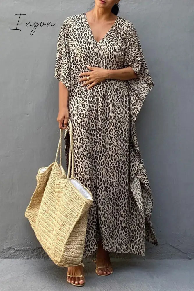 Ingvn - Vintage Vacation Print Leopard Slit Swimwears Cover Up