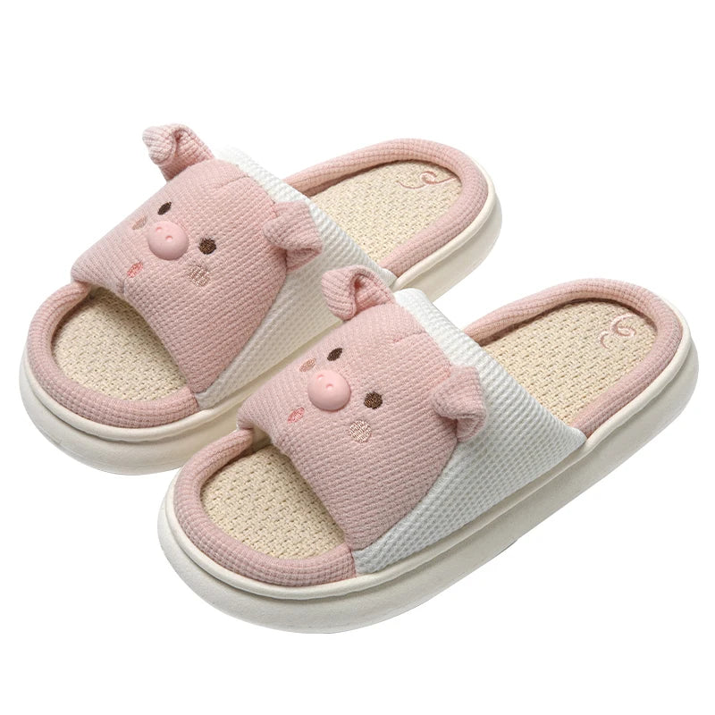 Ingvn  Cute Cartoon Pig Hemp Slippers Women  Winter Comfort Soft Sole Funny Cotton Slippers Woman Non Slip Flat Heels House Shoes